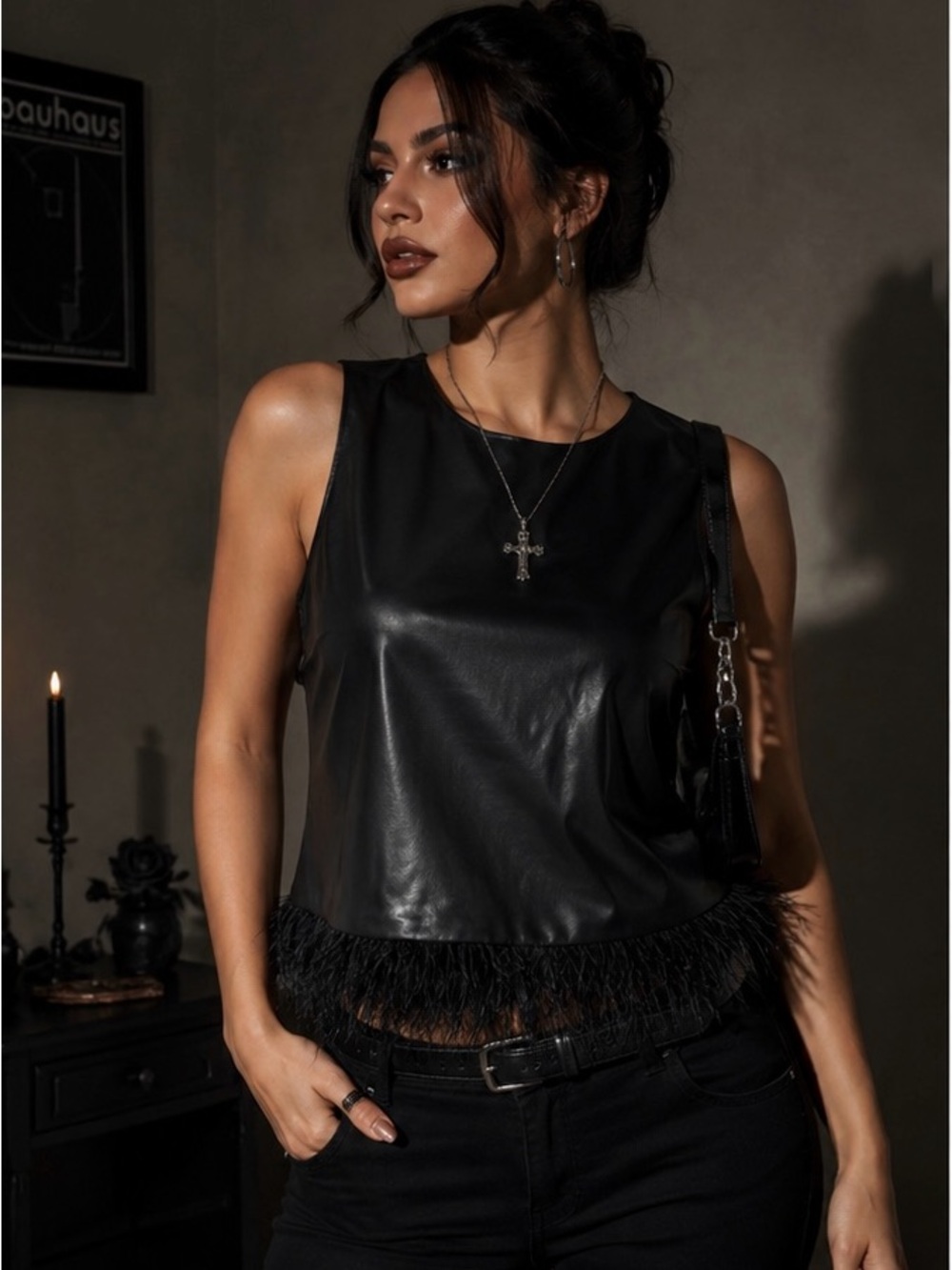 For Cynthia Black Faux Leather Feather Trim Sleeveless Top Size L NWT